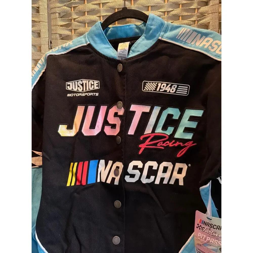 Girl's NASCAR X Justice Collab Racing Jacket Blue Black XL Snap Button NEW